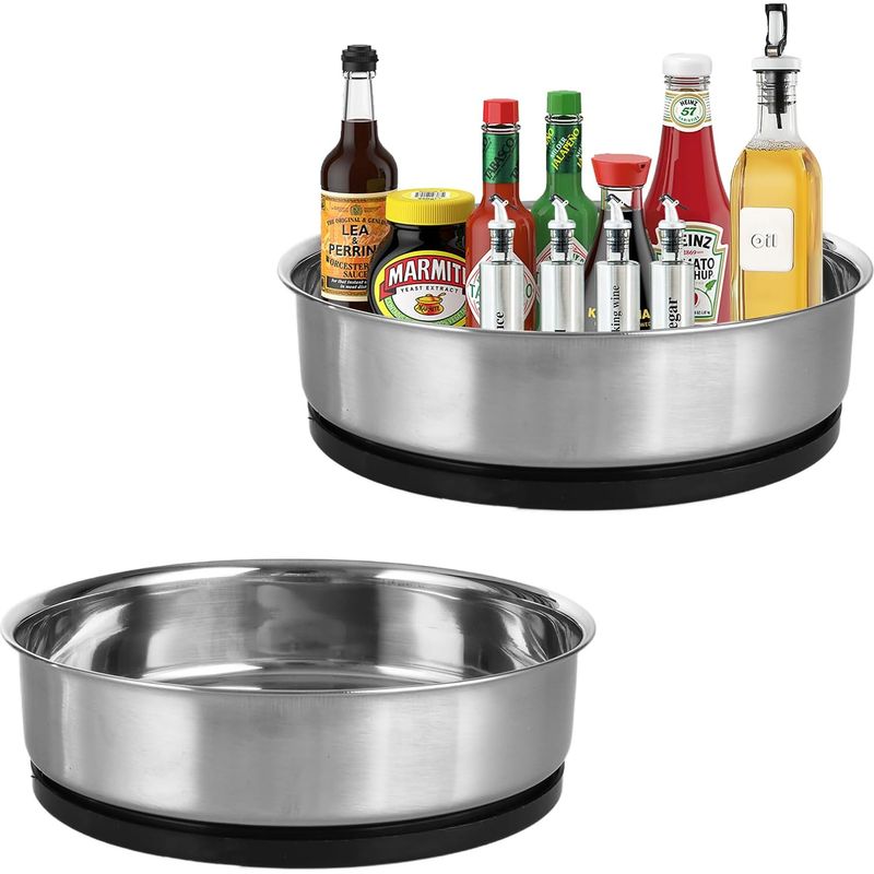 Set Mit 2 Drehbaren Küchenorganisatoren (19,5 Cm) – 360°-drehung, Drehteller Aus Edelstahl – Drehtablett Für Kühlschrank, Küche, Badezimmer Und Kommode