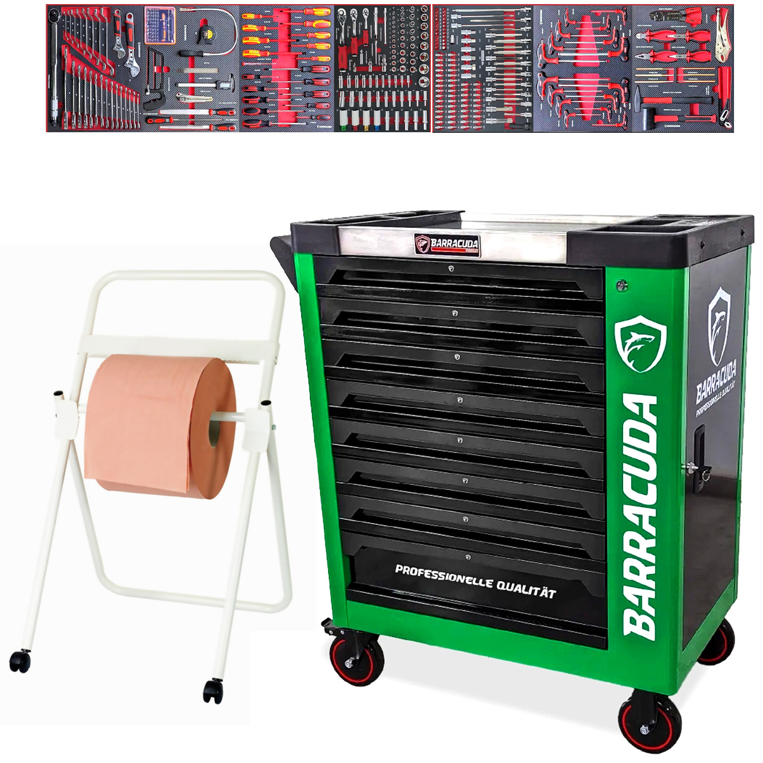 Servante D’atelier Complète Barracuda Tools Rock Pro+ 8 Tiroirs 7 Outillés, Chariot Mecanicien Garagiste Avec Dévidoir De Papier