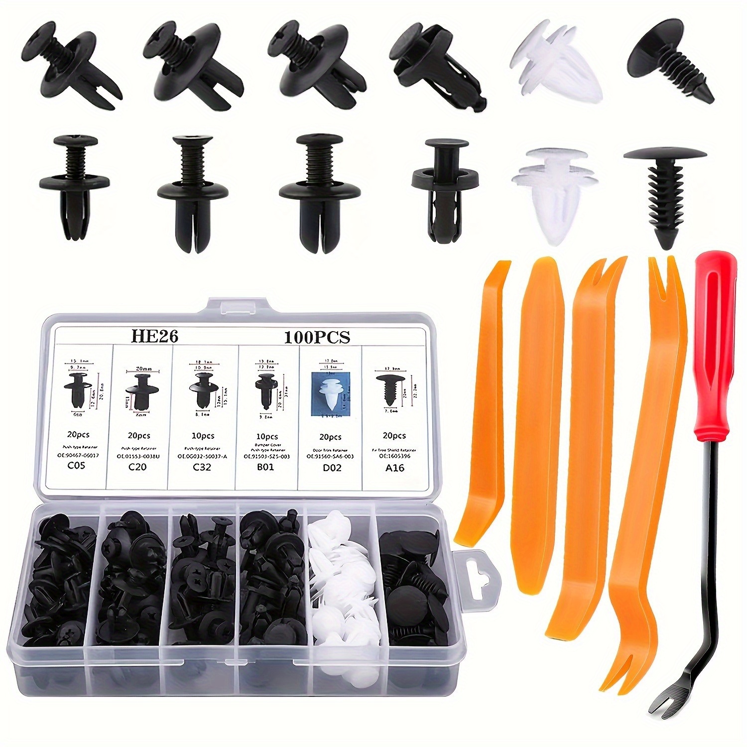 Set Aus 105 Kfz-befestigungselementen Inklusive Ausbauwerkzeugen, Mit Universellen Nylonnieten Und Clips Zur Reparatur Von Türverkleidungen Und Fahrzeugteilen.