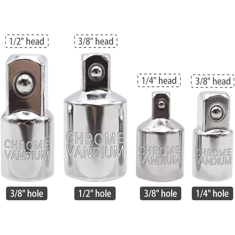 4-teiliges Adapterset, Reduzierstück 1/2" Auf 3/8" Vierkantantrieb, Ratschenwagenheberadapter 3/8" Auf 1/4" (silberfarben)