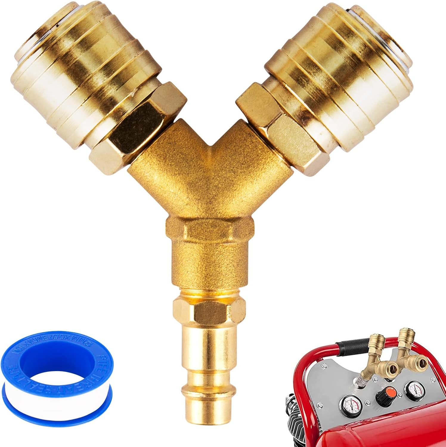 Druckluftverteiler Mit 2 Ausgängen Und Messing-y-anschlüssen, Luftverteiler, 2 Druckluftausgänge, Nw 7.2 1/4 Ag Stecker, Druckluftanschluss, Druckluftschalter