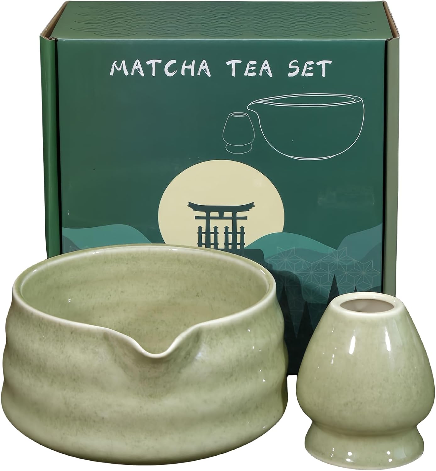 Zweiteilige Matcha-schale: 530 Ml Handgefertigte Matcha-schale Für Die Matcha-zeremonie, Keramikschale Mit Ausguss, Grün
