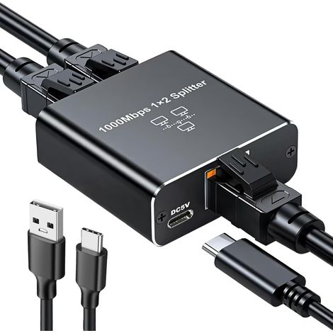 1-zu-2-1000-mbit/s-ethernet-switch, 2-port-gigabit-rj45-lan-splitter Mit Usb-c-netzteil Für Computer, Hubs, Switches, Router Und Digitalfernseher