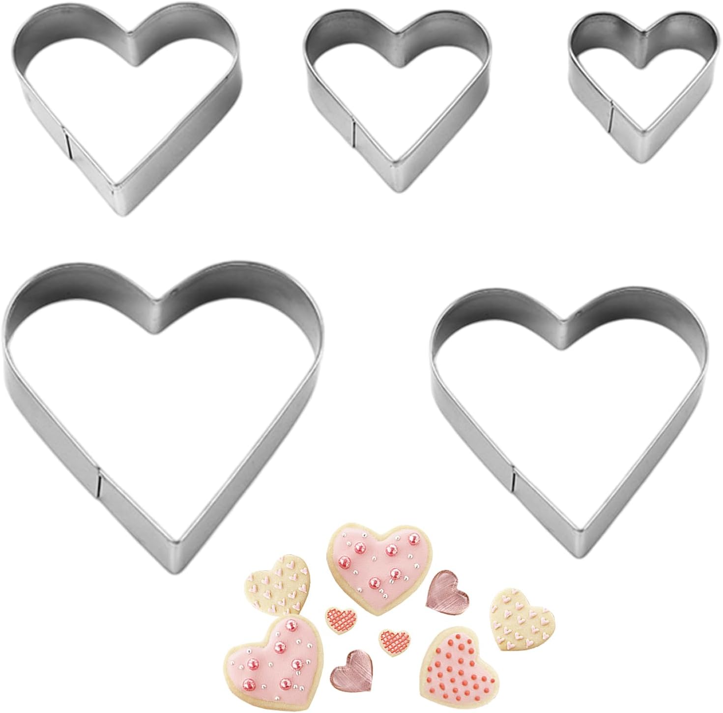 Set Mit 5 Herzausstechern Aus Edelstahl, Geeignet Für Kekse, Fondant, Marzipan, Sandwiches, Obst, Gemüse, Gebäck, Kuchen Und Dekorationen