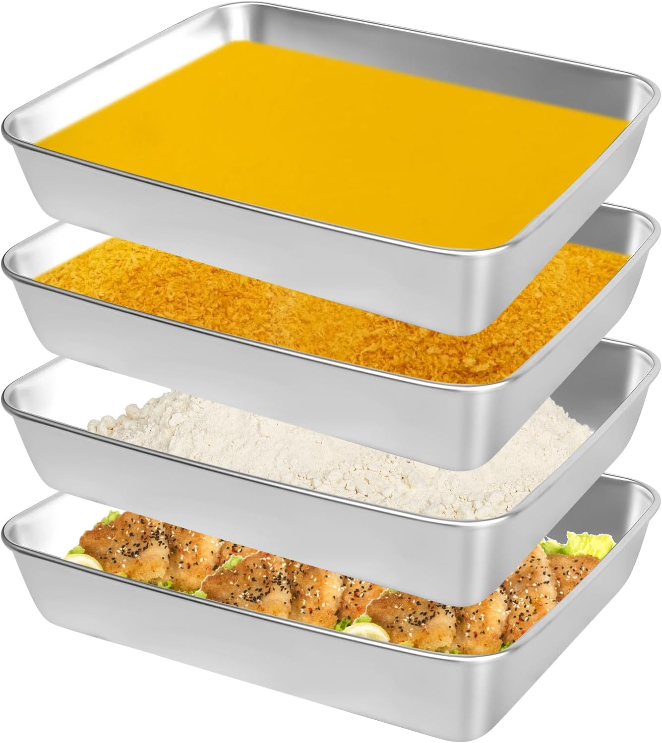 Boed Set Mit 4 Rechteckigen Panierschalen Aus Edelstahl Für Fisch, Fleisch Und Gemüse (26 X 20 X 5 Cm)