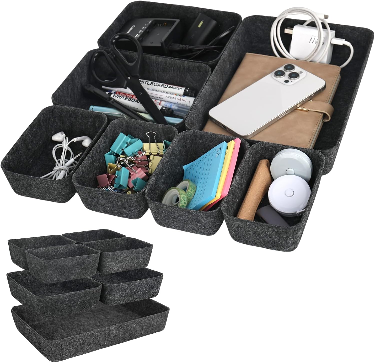 7-teiliges Set Stapelbarer Filz-schubladeneinsätze – Schubladenaufbewahrungssystem – Flexible Filzboxen Für Schreibtisch, Schminktisch, Nachttisch Und Kleiderschrank