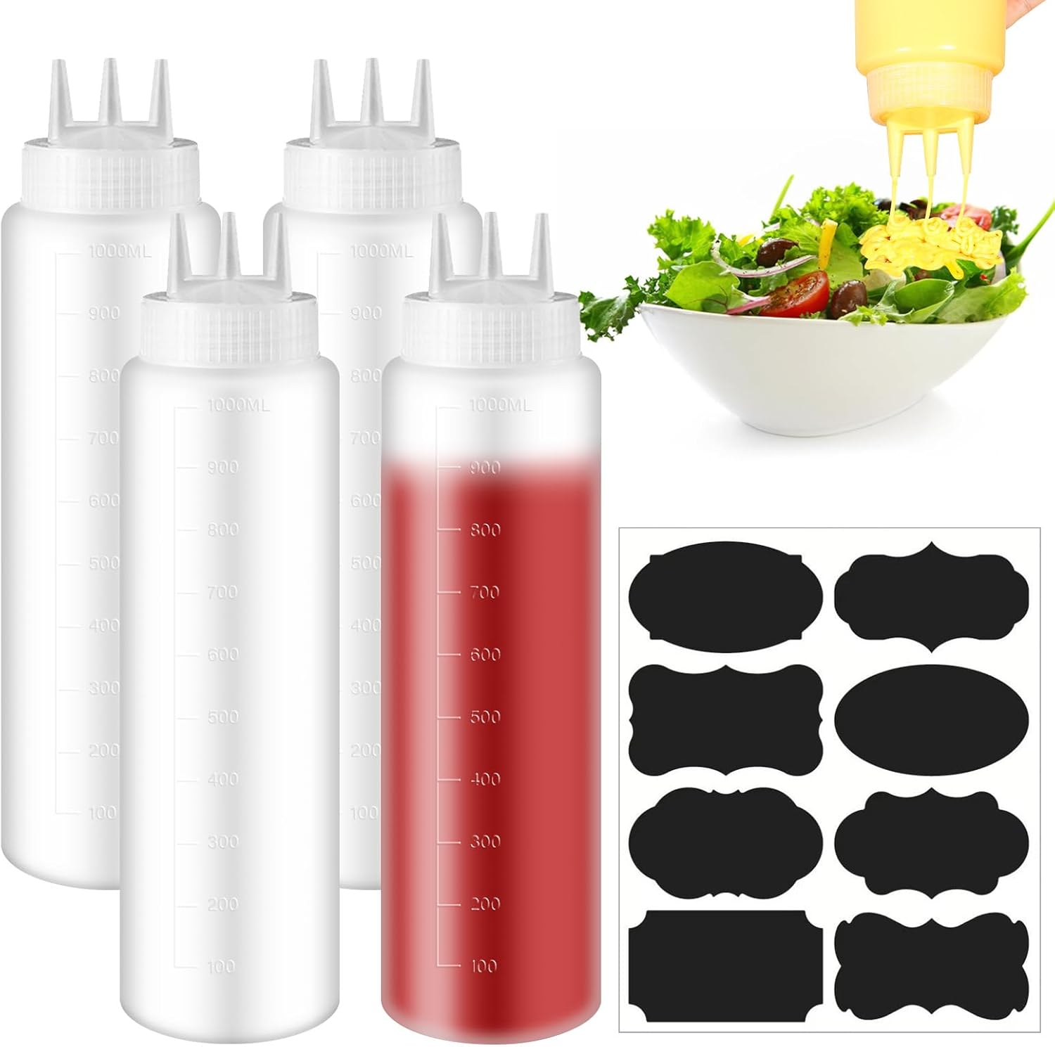 Quetschflaschen Mit 3 Sprühdüsen, 4 Stück, 1000 Ml Fassungsvermögen. Saucenflaschen Mit Etikettierstift. Quetschflaschen Für Gewürze, Saucen, Ketchup, Sirup, Bbq-sauce Und Andere Saucen.
