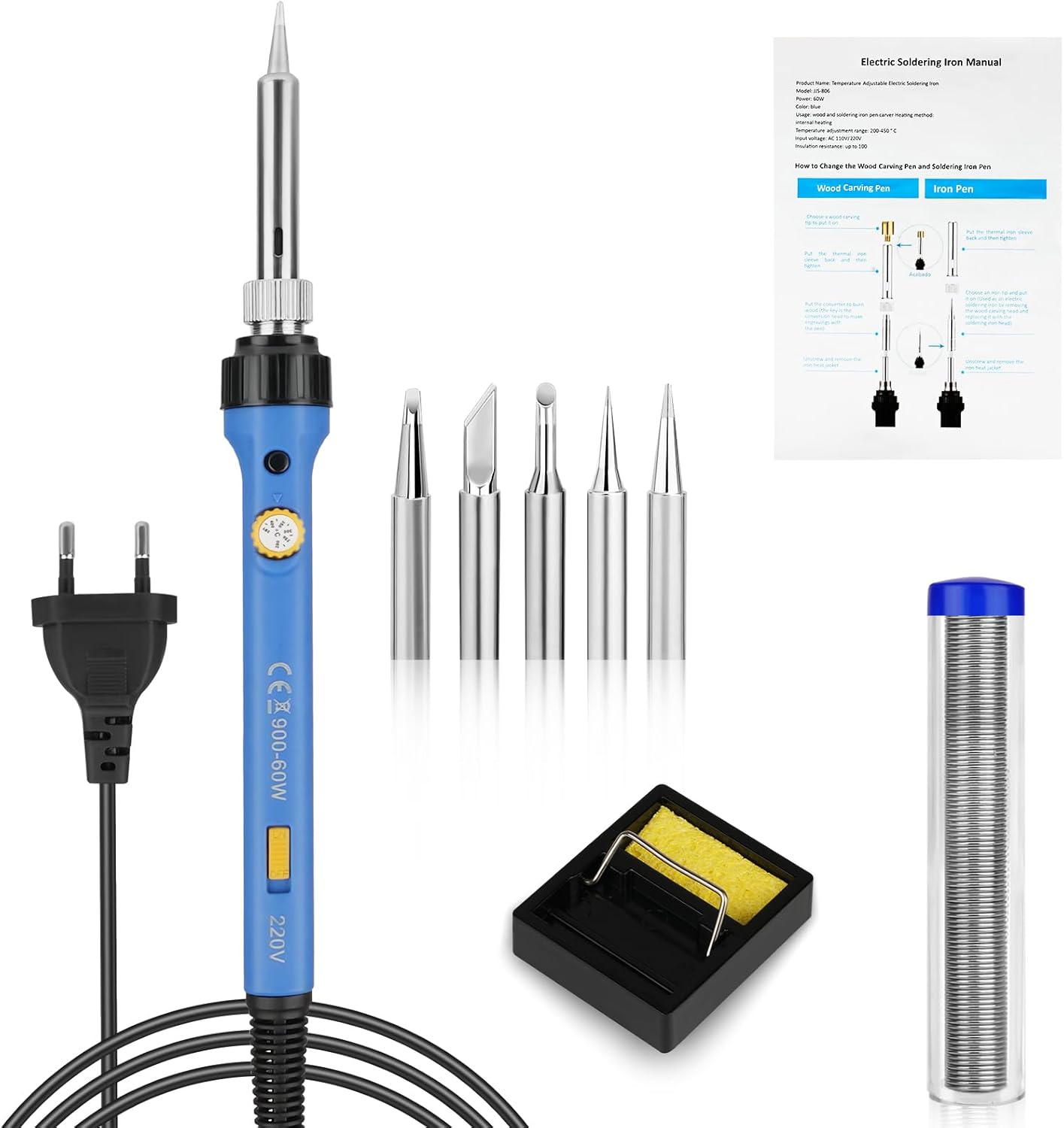 Lötset, 8-in-1, 60 W, 200–480 °c Einstellbare Temperatur, Lötset Mit Ein-/ausschalter, Lötstation, 5 Lötspitzen, 10 G Lötdraht