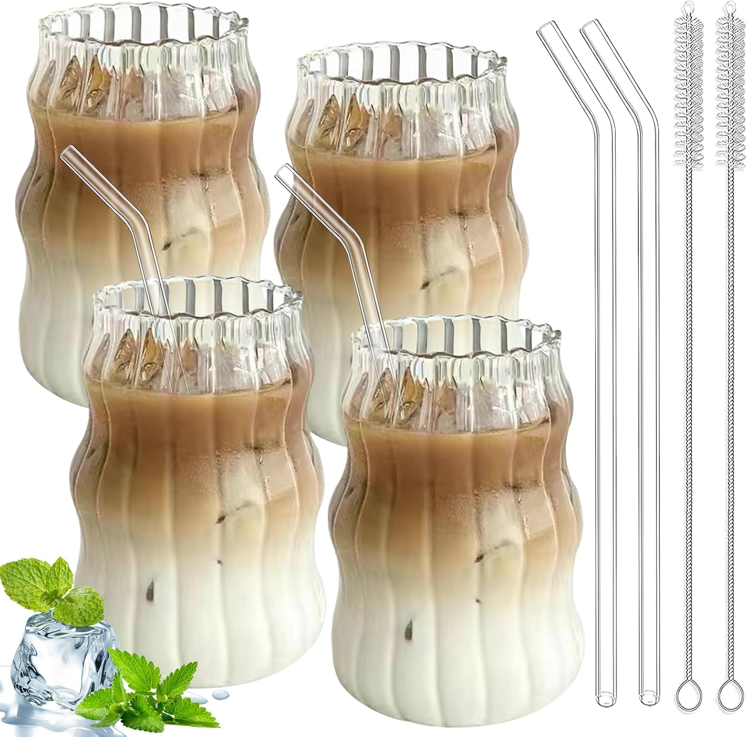 Set Mit 4 Kaffeegläsern, Espressotassen, Latte-macchiato-tassen – 500 Ml – Gläser Für Lange Getränke Wie Kaffee, Tee, Cola, Limonade Und Cocktails Mit Glasstrohhalmen Und Reinigungsbürsten