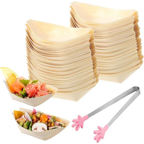 Set Mit 200 Biologisch Abbaubaren Vorspeisenschalen Aus Kiefernholz Für Würstchen, Pommes Frites, Sushi, 8,5 X 6 Cm