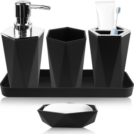 Set Aus 5 Badezimmeraccessoires Aus Kunststoff, Bestehend Aus Becher, Zahnbürstenhalter, Schminktablett, Seifenspender Und Seifenschale (schwarz).