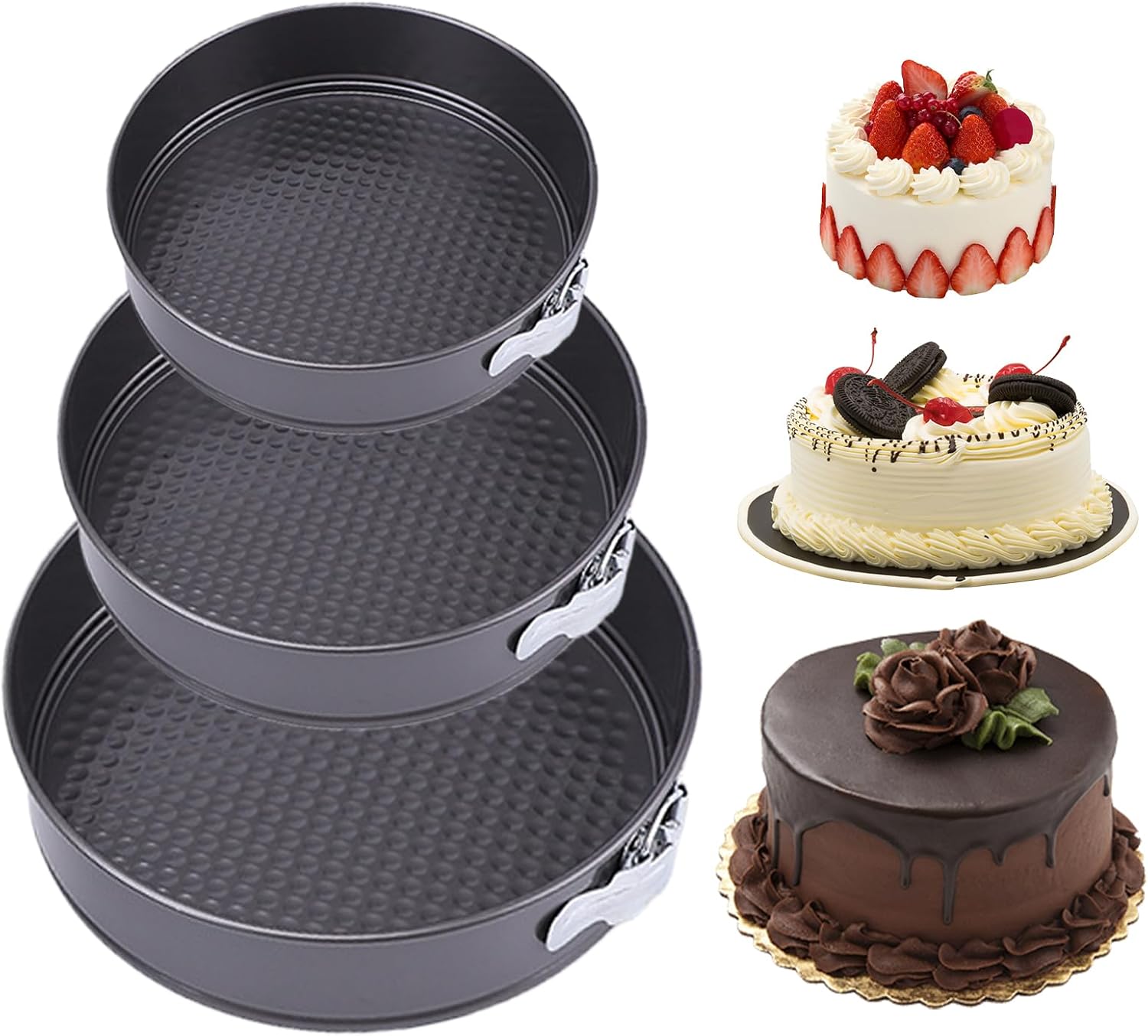 3er-set Springformen – Antihaftbeschichtet – Rund – Praktisch – Antihaftbeschichtete Springform – Zum Backen Verschiedener Kuchen – 20/22/24 Cm – Schwarz