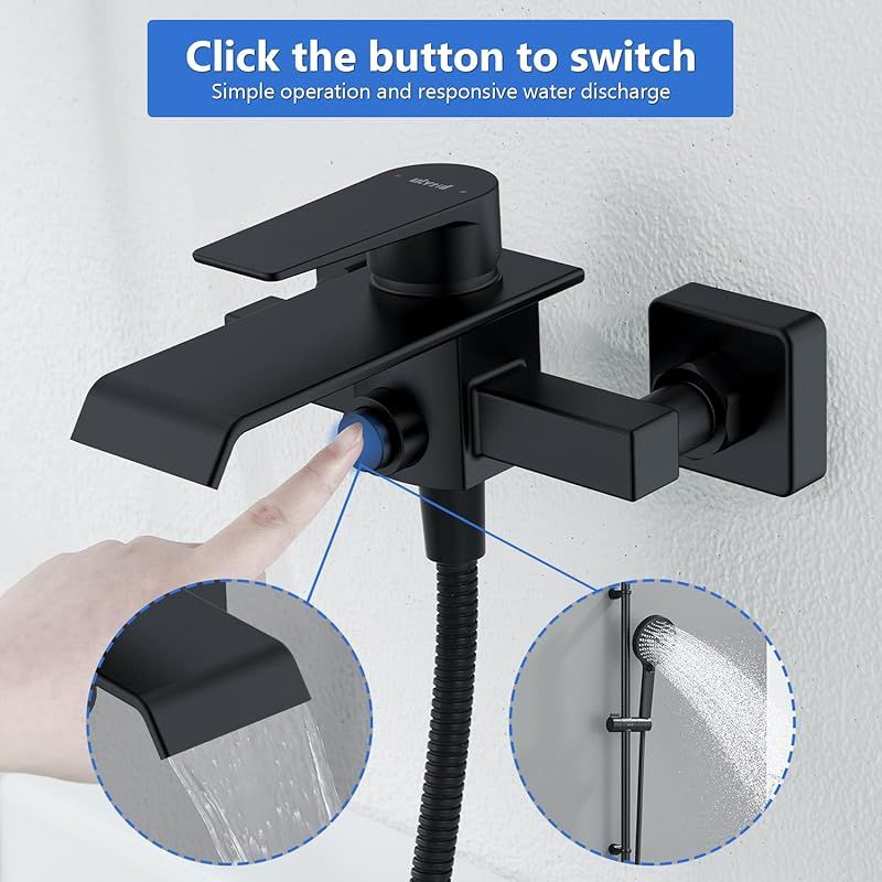 Schwarze Badewannenarmatur, Messing-wasserfall-badewannenmischer, Einhebel-wandarmatur Mit 2 Auslässen, Aufputz-badewannenarmatur, 1/2"-gewindeanschluss