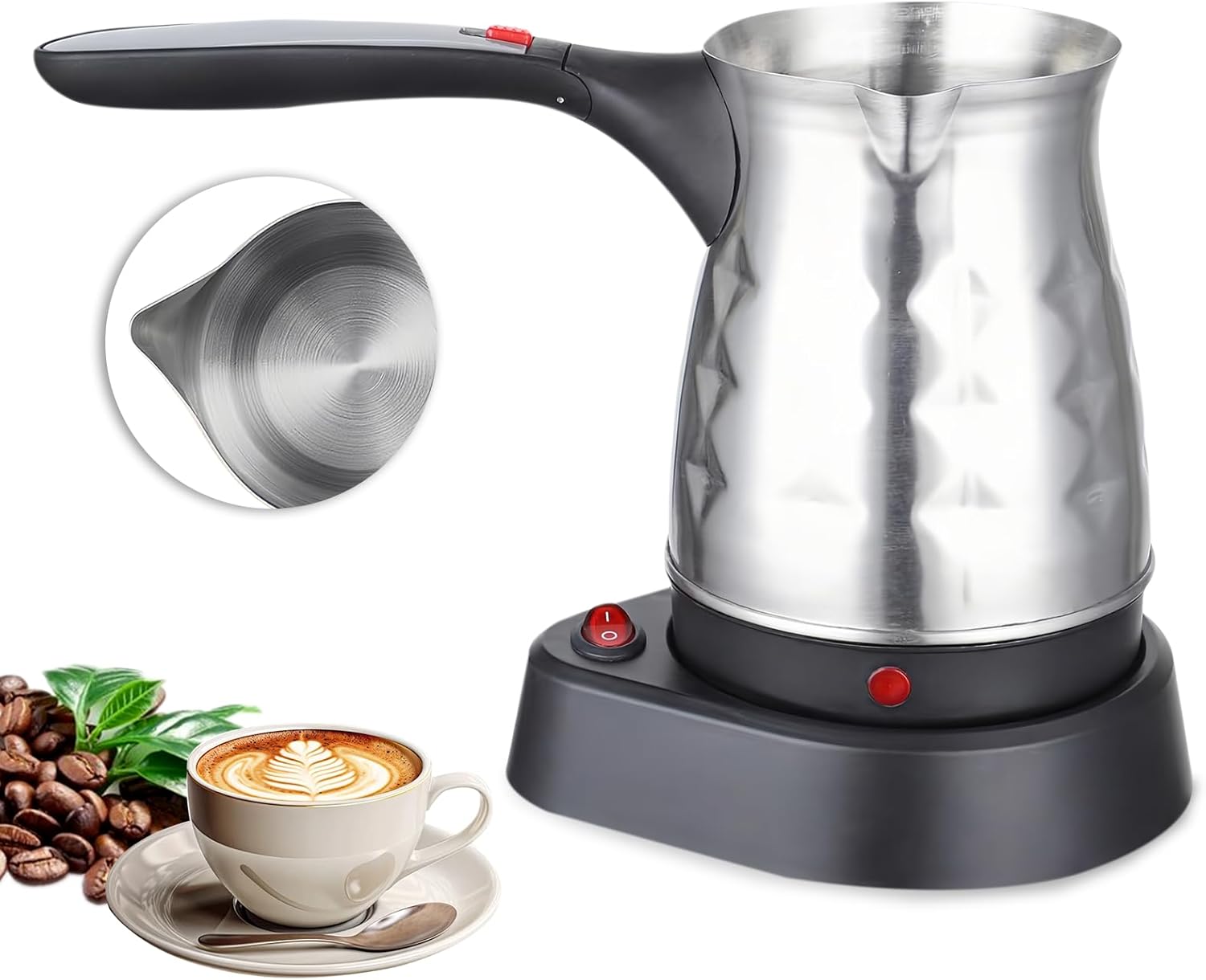 Elektrische Türkische Kaffeemaschine, 500 Ml, Edelstahl, Mit Klappgriff, Mokkakanne, Für Zuhause Und Büro – 600 W – Silber