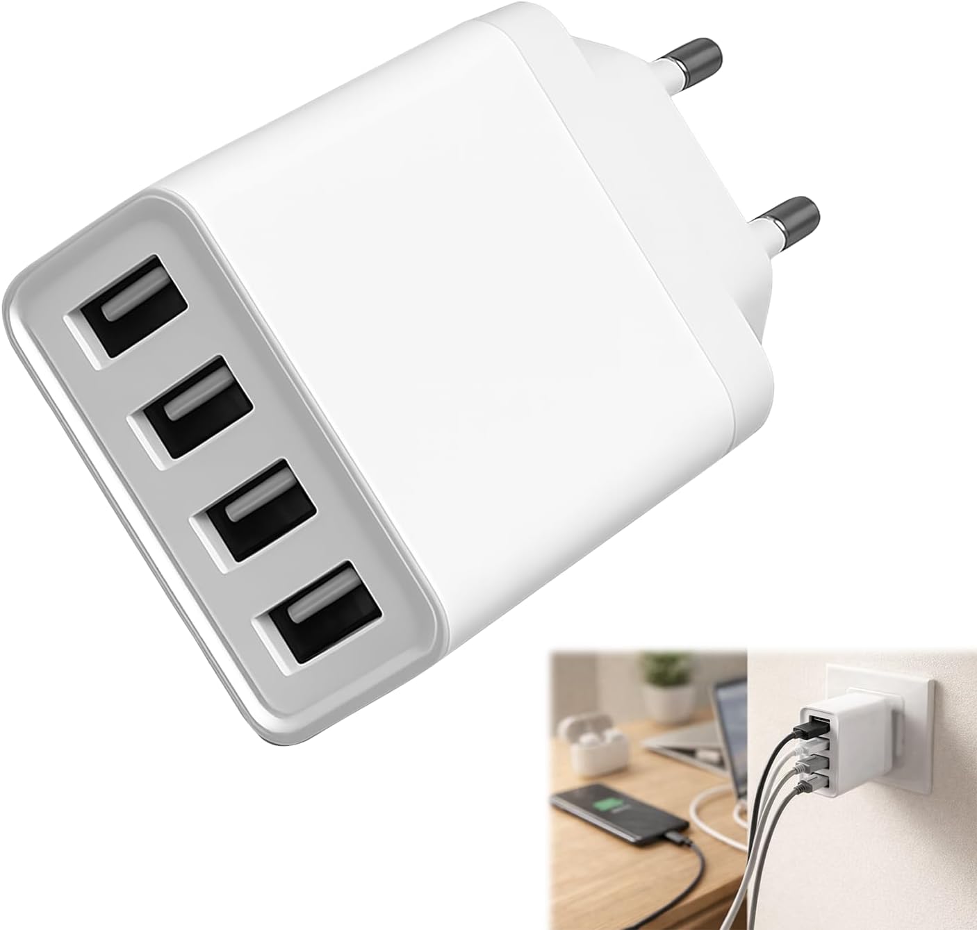 Bloc D'Alimentation Usb 4 Ports, 5 V 2,4 A, Prise Européenne, Blanc, Chargeur Usb Pour Smartphones Et Tablettes