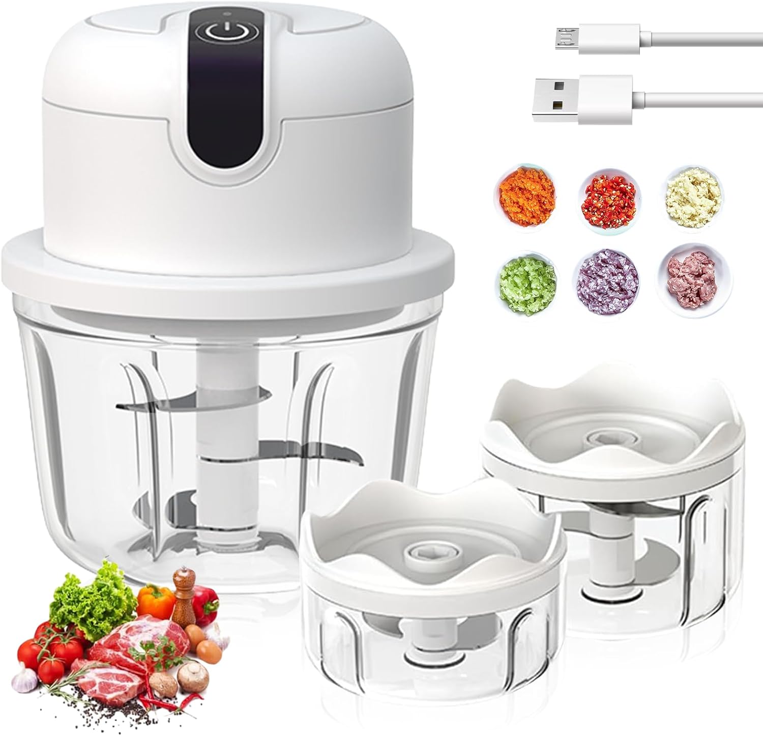 Wiyety Elektrischer Zerkleinerer, Wiederaufladbar Mit 3 Mixbechern (100/250/350 Ml), Zwiebelschneider, Gemüseschneider Für Fleisch, Obst, Zwiebeln
