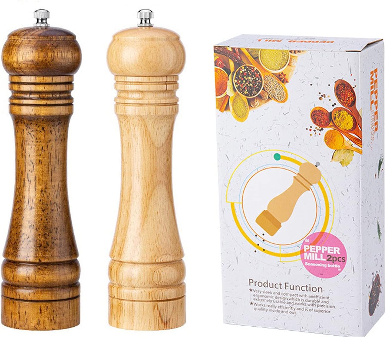 Salz Und Pfeffermühle Nachfüllbar Manuelle Kräuter Gewürzmühle Aus Massivholz Mit Keramikkern, Je 22 Cm, 2 Farben