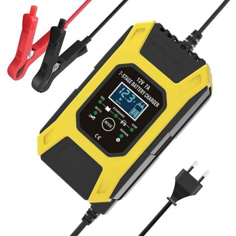 Bunthaus 7a/12v Intelligentes Batterieladegerät, Tragbares Schnellladegerät Für Motorräder Mit Lcd-display Und Schutz-/reparaturmodus Für Auto, Motorrad, Pkw (gelb)