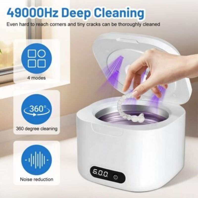 Ultraschall-dentalreinigungsgerät (49.000 Hz) Mit Automatischer Uv-lampe, 340 Ml Reinigungsflüssigkeit, Reinigungsschale, 4 Timer-einstellungen, Für Prothesen, Mundschutz Und Schmuck