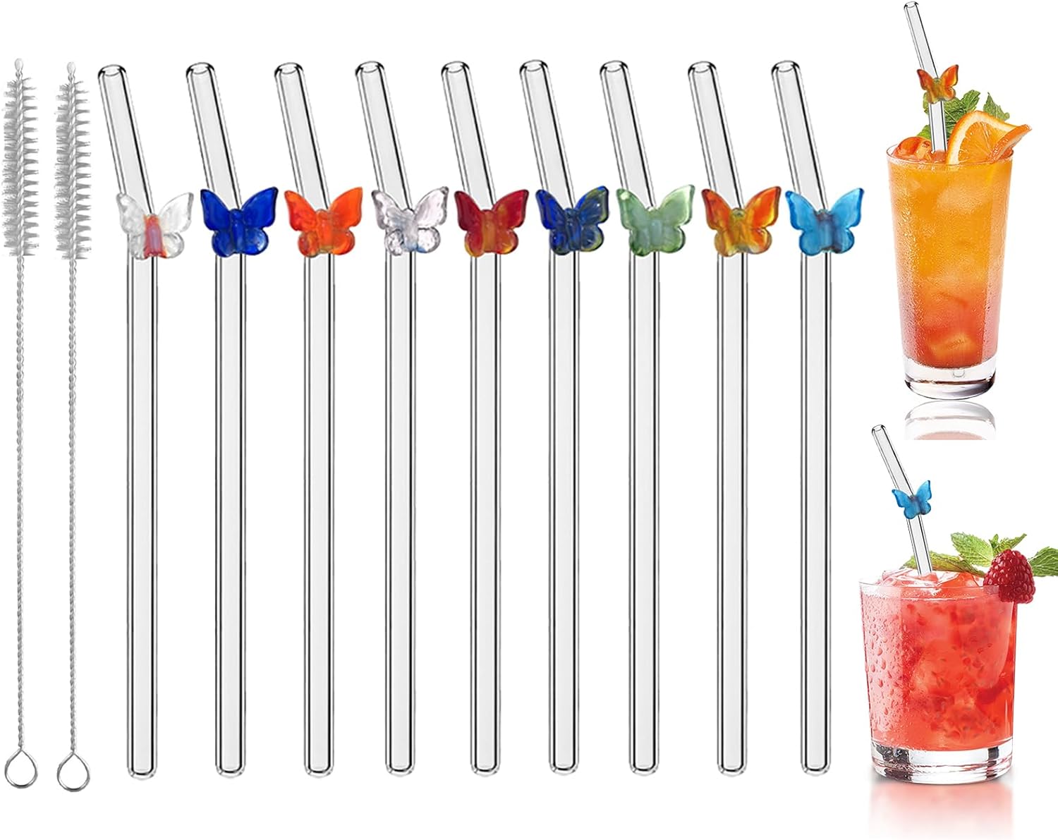 Set Mit 9 Wiederverwendbaren Glasstrohhalmen Inklusive Reinigungsbürste, Ideal Für Cocktails, Mit Schmetterlingsmotiv, Für Milchtee, Smoothies, Säfte, Getränke Und Cocktails