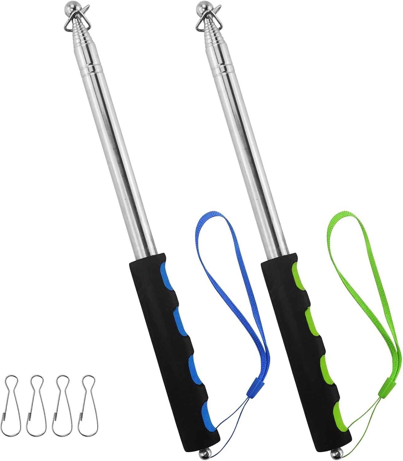 2er-pack 2 M Teleskopstange, Edelstahl-teleskopstange Mit 4 Clips, Haken, Ausziehbar Für Reisen, Camping, Führer, Lehrer (blau Und Grün)