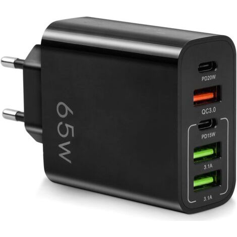 65-w-schnellladegerät Mit Usb-c – 5 Anschlüsse: 2 Usb-c Pd20w, 2 Usb, 1 Qc 3.0 – Gleichzeitiges Laden Für Iphone, Macbook, Galaxy (schwarz)