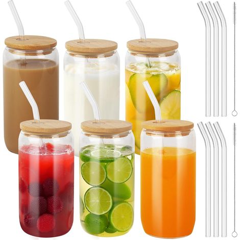 Trinkgläser Mit Bambusdeckel Und Glasstrohhalm, 500-ml-dosenglas Mit Deckel Und Strohhalm, Für Eiskaffee, Cocktails, Smoothies