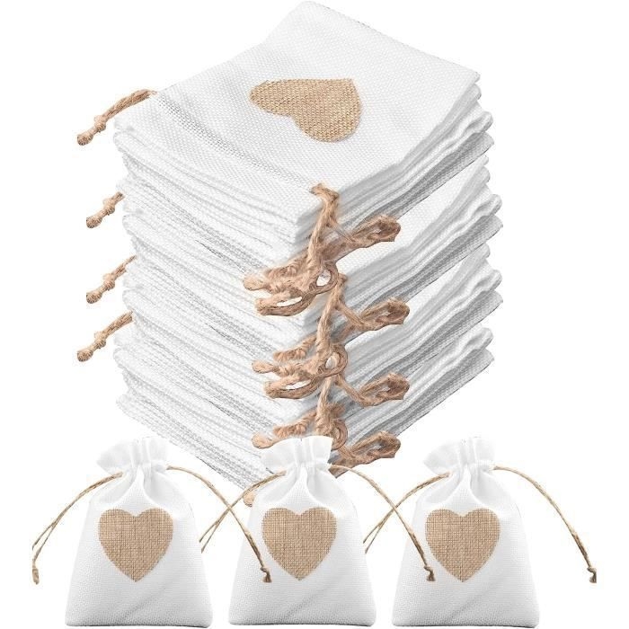 Packung Mit 30 Herzförmigen Jutesäckchen 10x14cm Für Hochzeit, Süßigkeiten, Geschenke, Taufe, Geburtstag, Weihnachten (weiß)