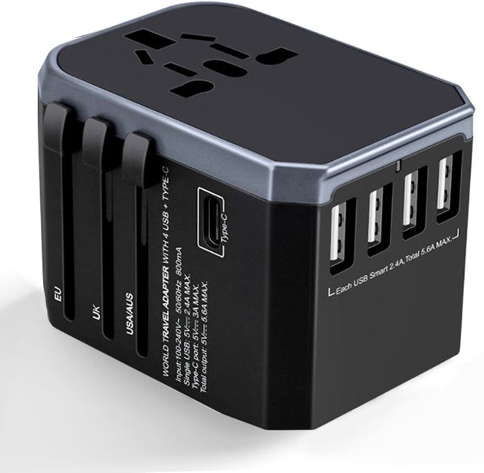 All-in-one-reiseadapter Mit 4 Usb-anschlüssen (5,6 A) Und 1 Usb-c-anschluss, Mattierter Universalstecker (frankreich Nach Großbritannien, Usa)