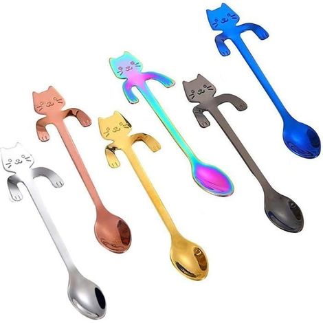 6er-set Kaffee-/teelöffel Aus Edelstahl, Niedliche Mini-löffel Mit Baumelnden Kätzchen, Ideal Für Tee Und Dessert, In 6 Farben