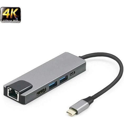 Usb-c-hub, Typ-c-hub Rj45 Für Macbook Notebook Laptop (1x Rj45, 1x Hdmi, 1x Usb-c Pd, 2x Usb 3.0-anschlüsse)
