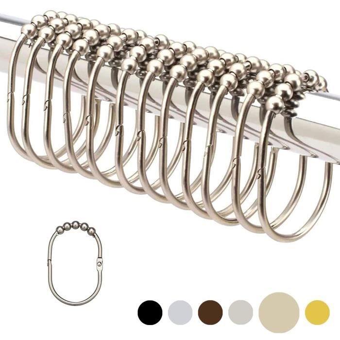 Set Mit 12 Breiten Duschvorhangringen Und Haken, Dekorative Oberfläche In Gebürstetem Nickel