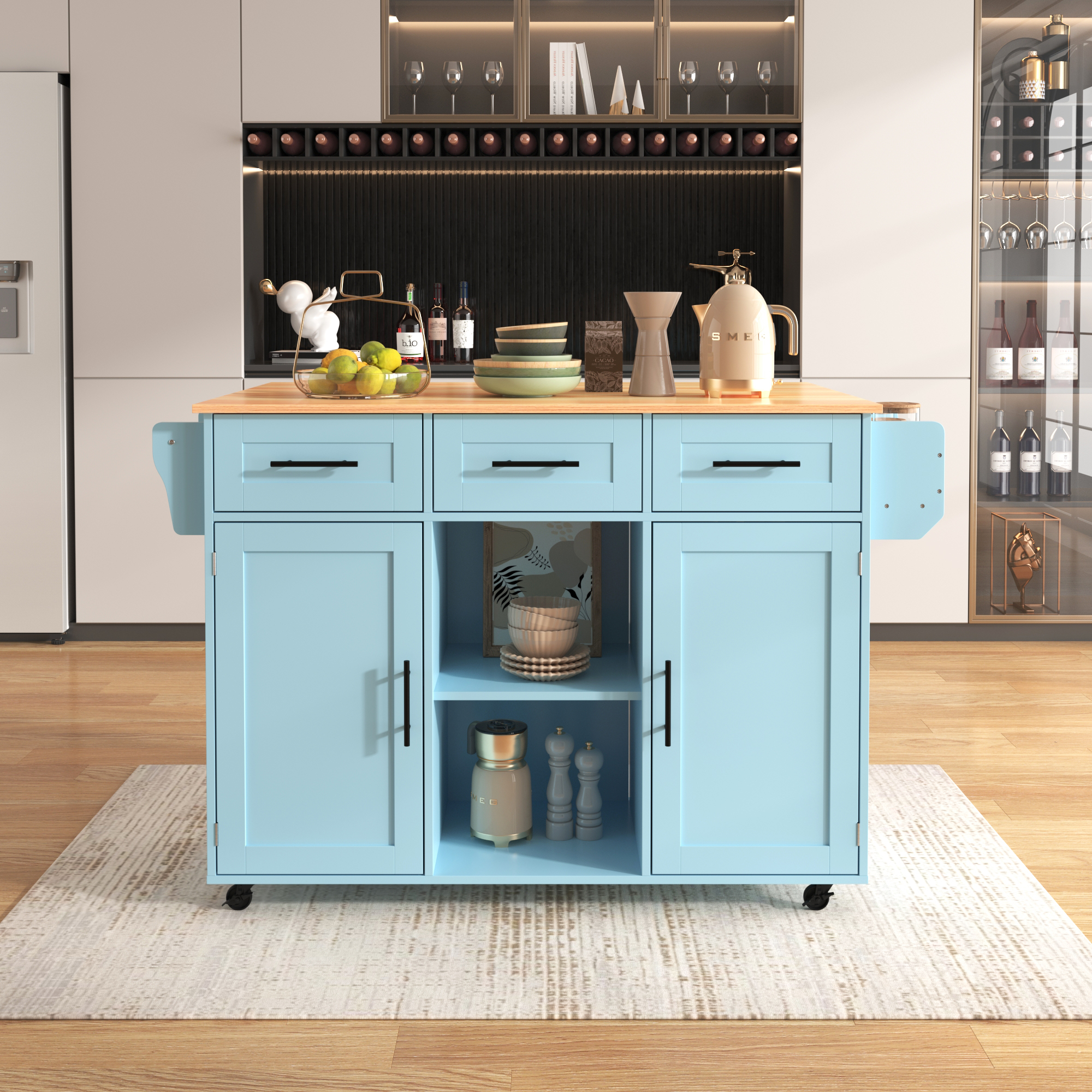 Küchenwagen 139x46(71)x91,5 Cm Blau, Klappbare Massivholzplatte, Auf Rollen Linhoo