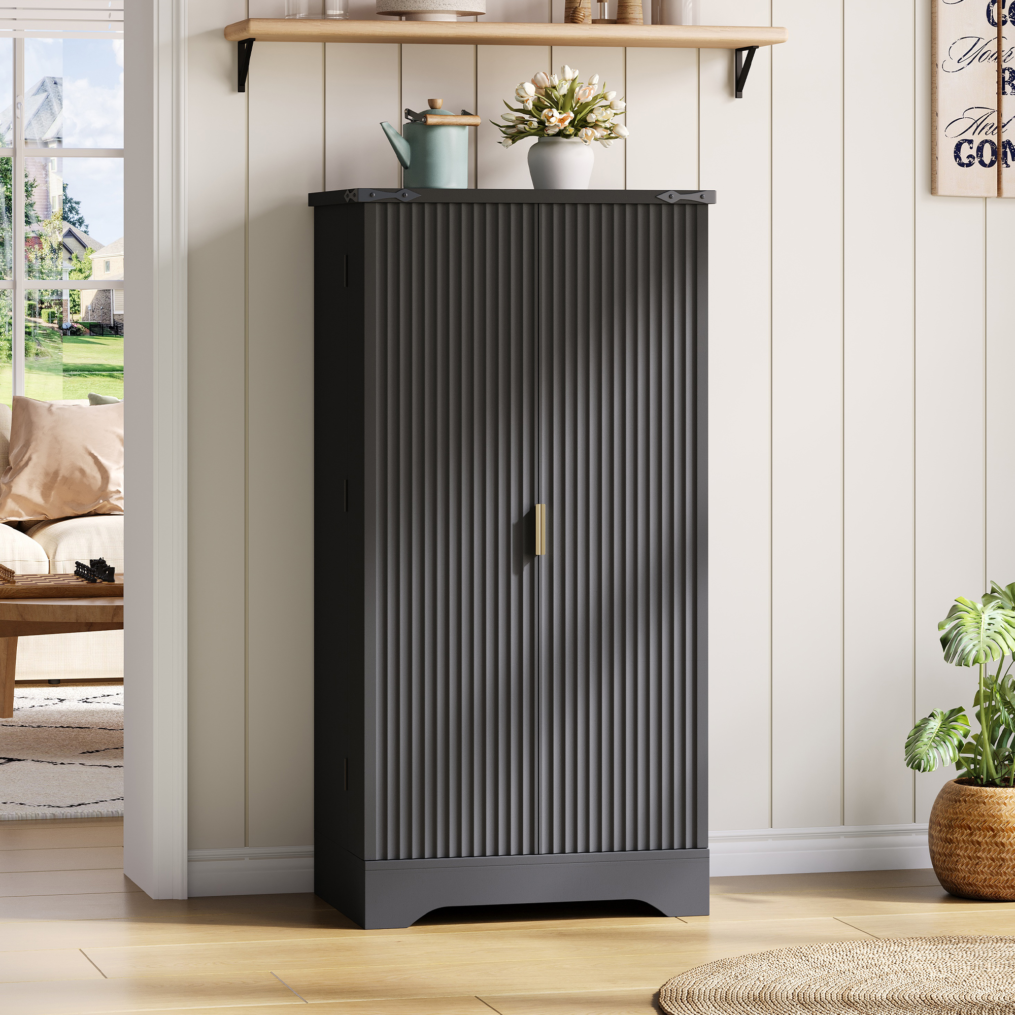 Hoher Küchenschrank Schwarz 120x60,5x40 Cm, Led, 2 Türen, Verstellbare Ablagen, Gewürzregal Linhoo