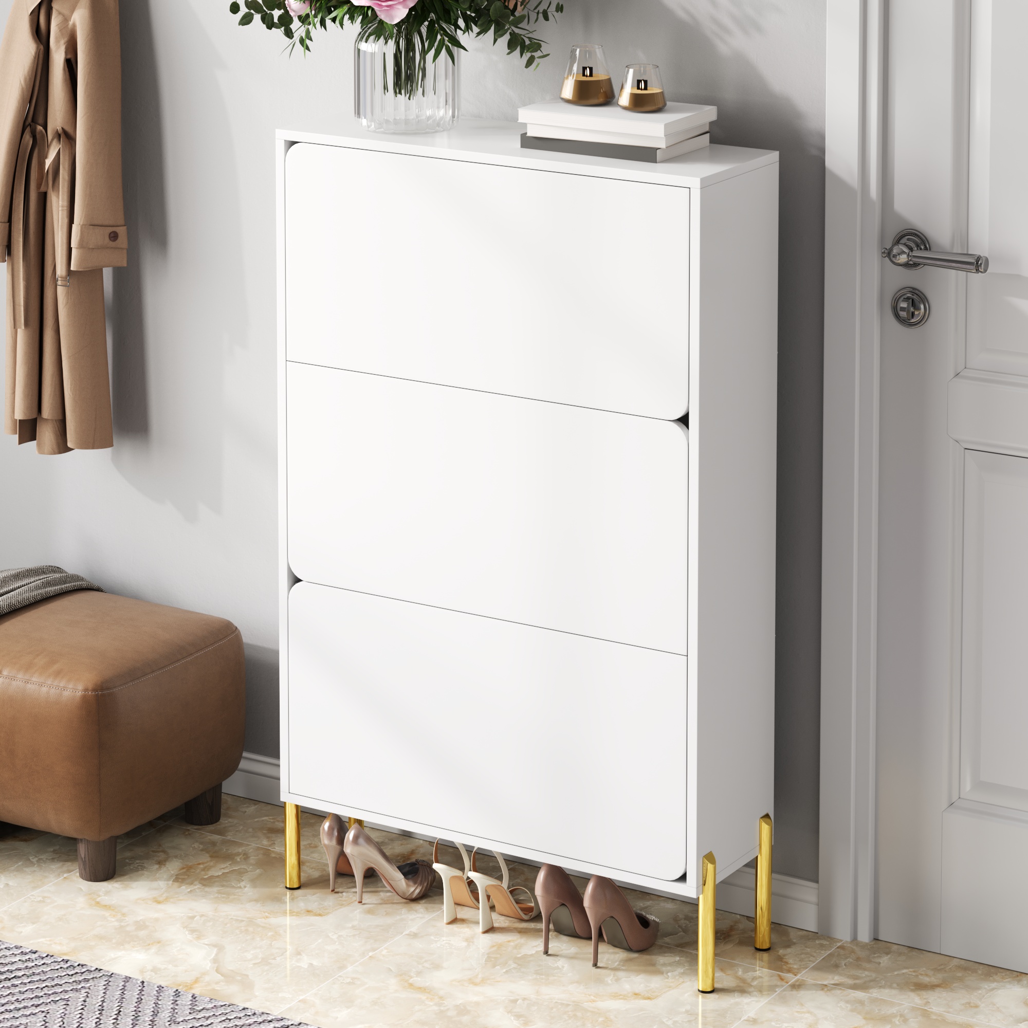 Weißer Schuhschrank Mit 3 Türen, Doppelten Ablagen Und Goldfarbenen Füßen, Minimalistisches Platzsparendes Design Linhoo