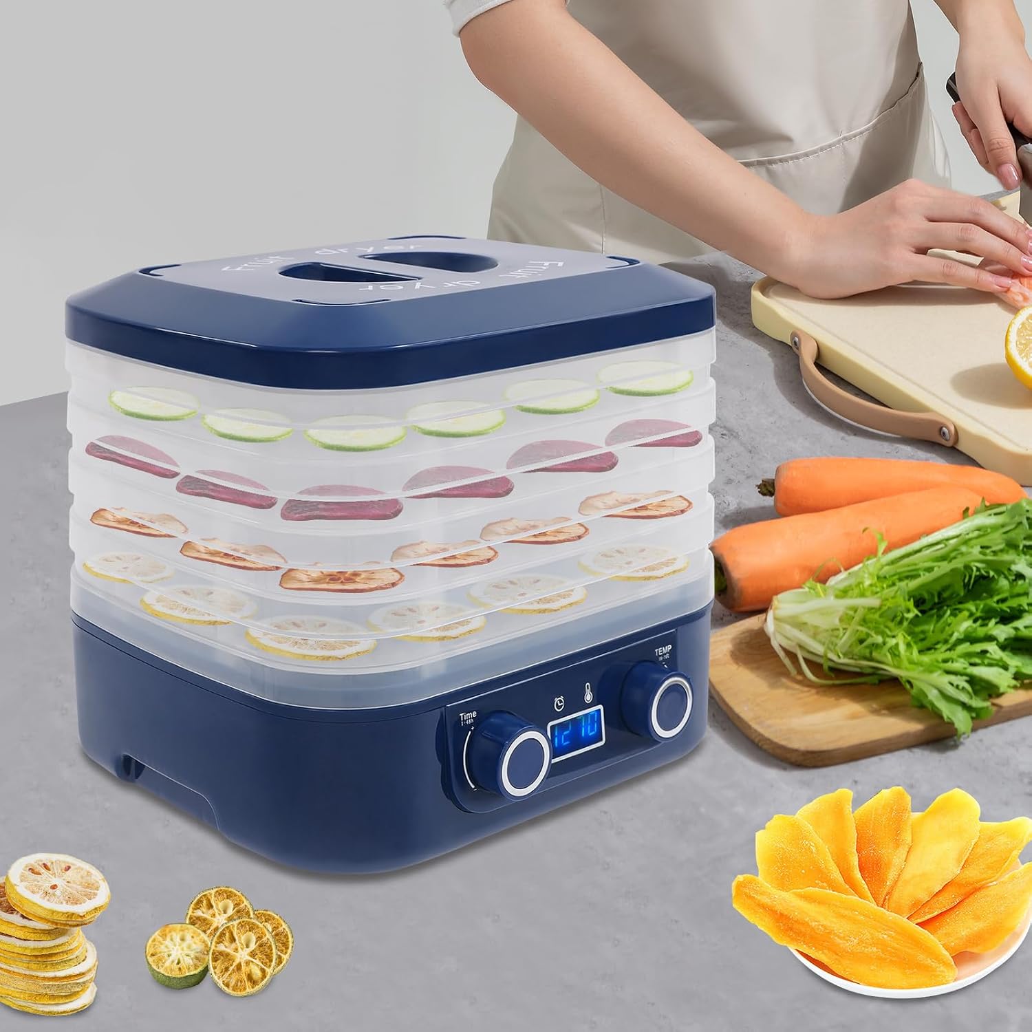 160 W Küchenminis Dörrautomat Dörrgerät Mit 5 Tabletts & 5x Versiegelte Frischhaltebeutel,led-anzeige,35-70℃,48h-timer,obst-dehydrator Für Feigen, Zitronen, Erdbeeren, Rindfleisch (blau)