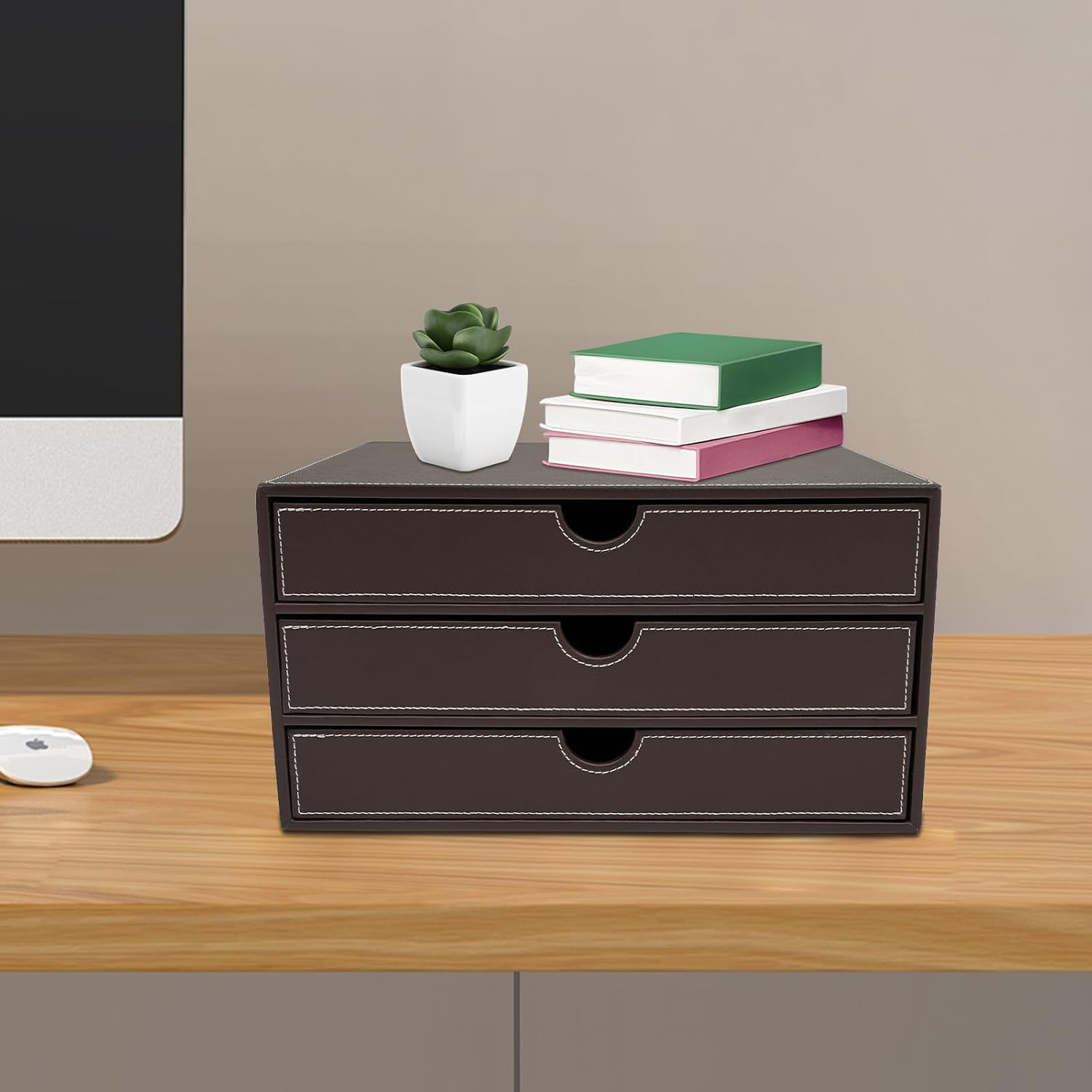 Schubladenbox A4 Fächern Pu-leder-schubladenbox, 3-tier Schubladenbox Schreibtisch, U-förmige Öffnung, Handgenähte Nähte, Kaffee Schubladenregal, 33 25 18 Cm