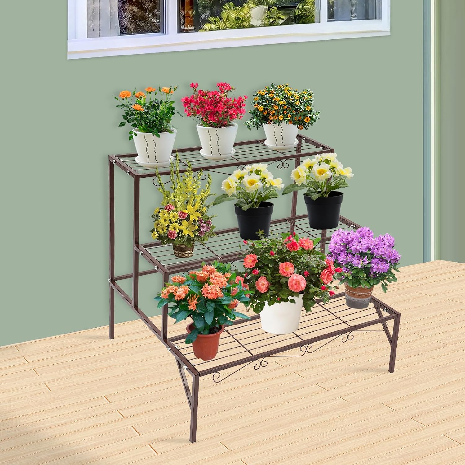 Blumentreppe 3-stufig, Pflanzenregal Aus Metall, Pflanzenständer Mit 3 Ebenen, Freistehender Blumenständer Pflanzentreppe Für Outdoor Indoor, Balkon, Garten, 70x58x60 Cm (bronze)