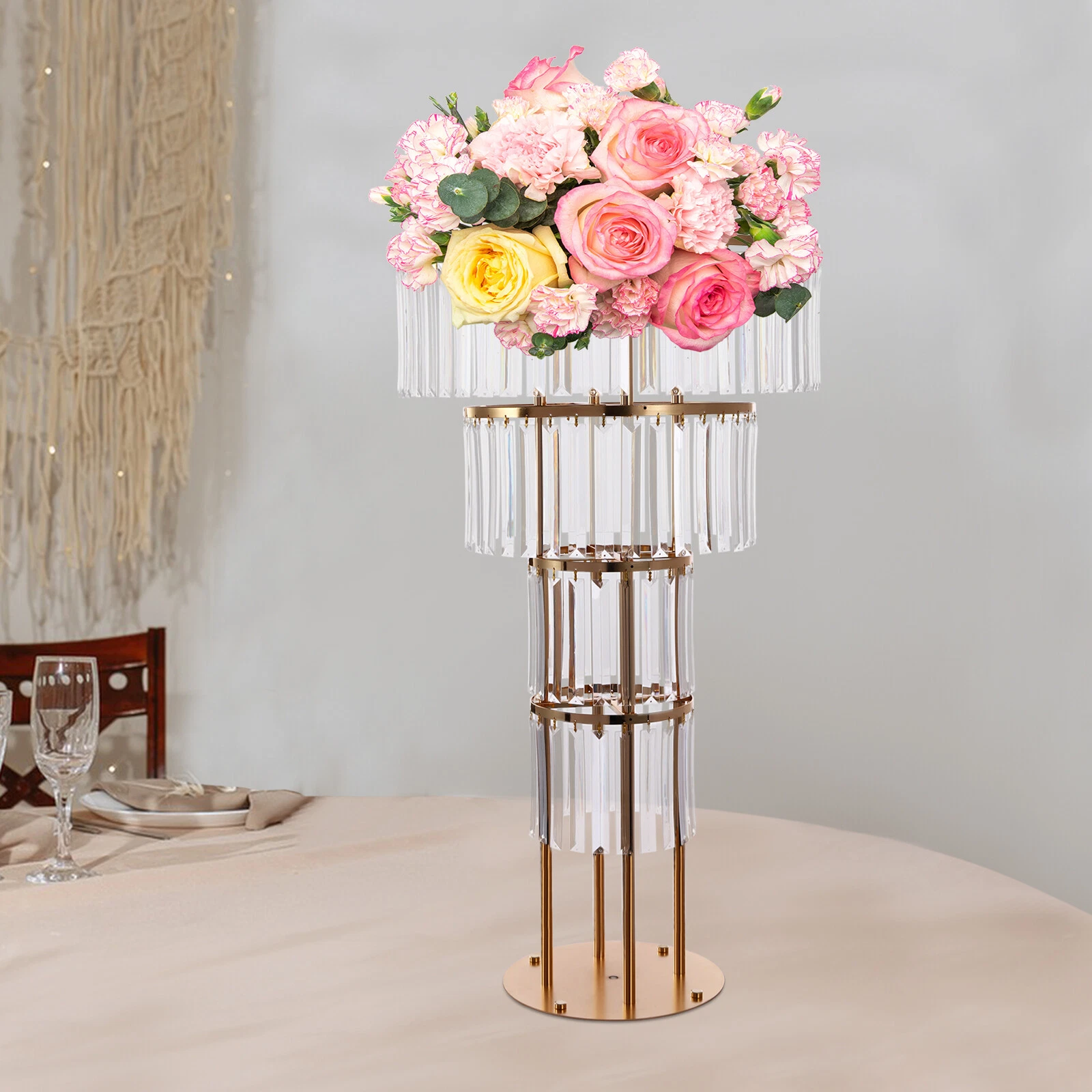 4 Schichten Eisvorhang Kristall Blumenhalter, Hochzeit Goldene Kristall Blumenhalter, Runde Basis, 50 90 Cm, Für Hochzeiten, Geburtstagsfeier, Weihnachtsparty