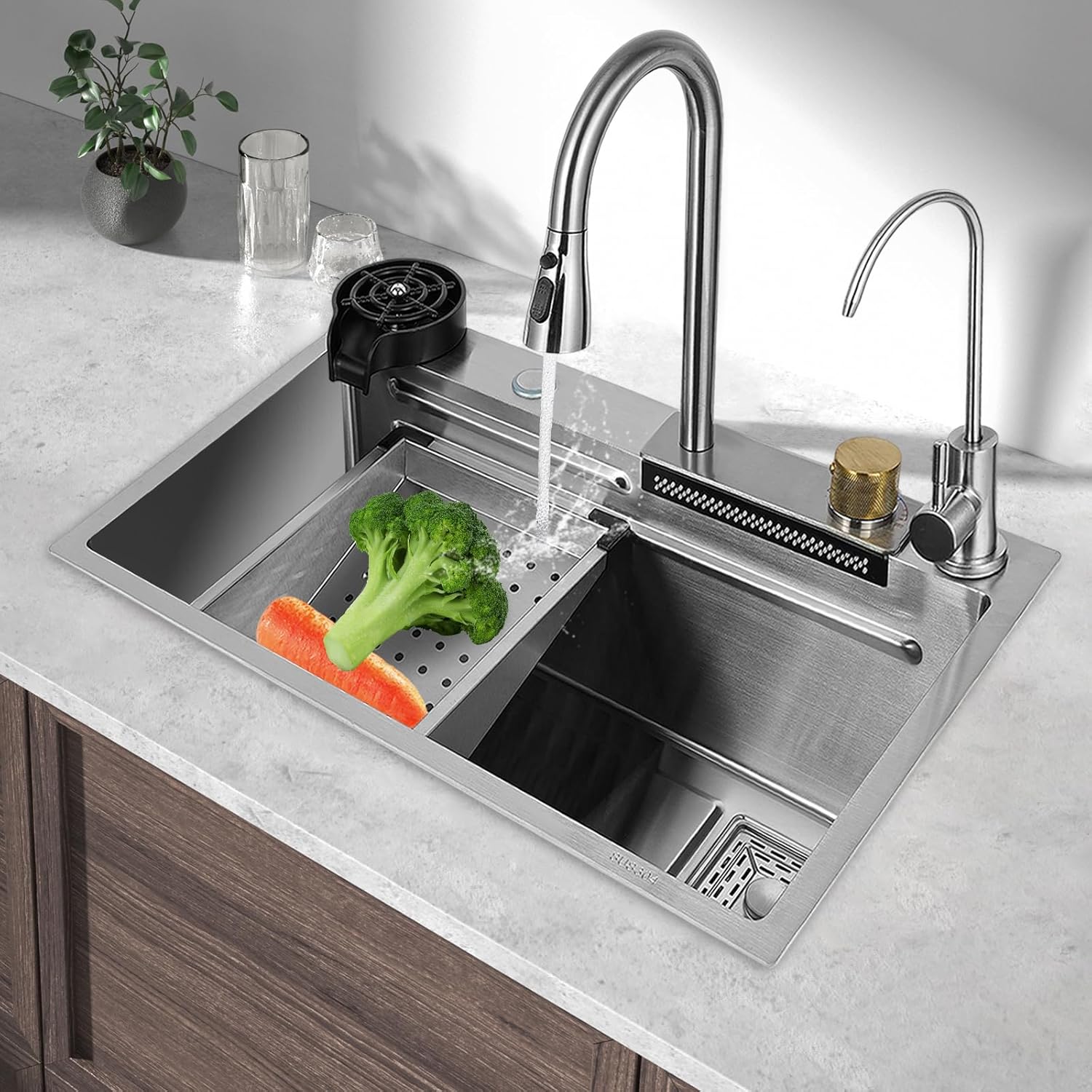 Einschalen-küchenspüle Wasserfall-barspüle Spüle Edelstahlspüle Mit Wasserhahn Edelstahl Spülbecken Einbauspüle Küchenspüle Abnehmbarem Spültisch Haushaltsspülen-set Silber (68x35x21cm)