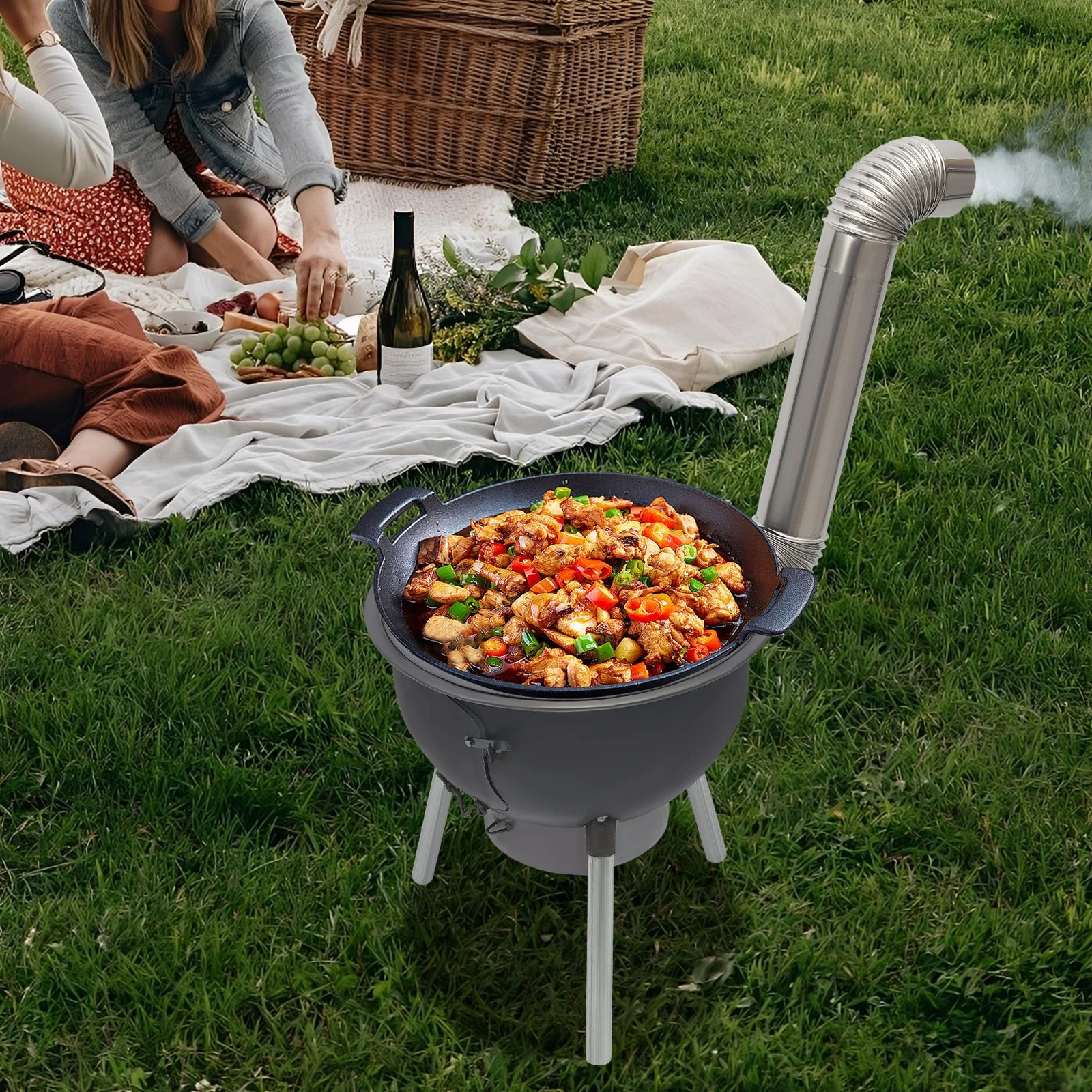 Tragbarer Holzgrillofen Im Freien Mit Grill, Geeignet Zum Camping, Mit Grill, Aschenschalen Und Vier Pfannenringen