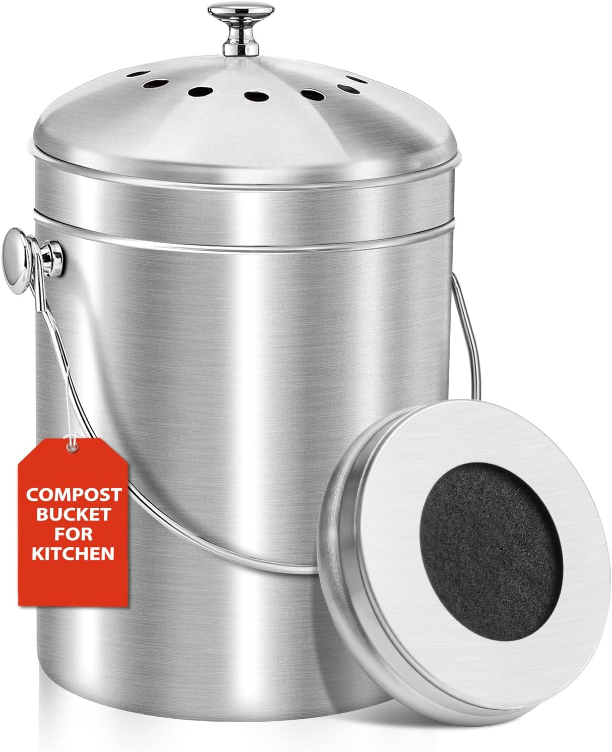 Komposteimer Für Die Küchenarbeitsplatte, 5-liter-edelstahl-kompostbehälter Mit Deckel, Geruchsneutraler Bioabfalleimer Mit Aktivkohlefilter, Küchenkomposteimer