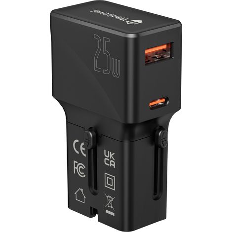 Mmobiel 25w Universal-reiseadapter – Internationaler Stecker Mit Männlichem Anschluss – 1x Usb-c (25w) + 1x Usb-a (18w) – Für Eu/gb/usa/aus – Taschenformat & Integrierte Sicherheitsfunktion