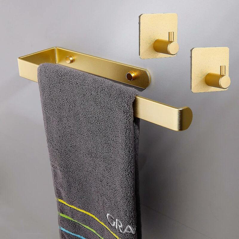 2 Pack Adhesive Towel Rack For Bathroom And Kitchen - With Hooks - Self Adhesive Wall Mounted Towel Holder (gold)