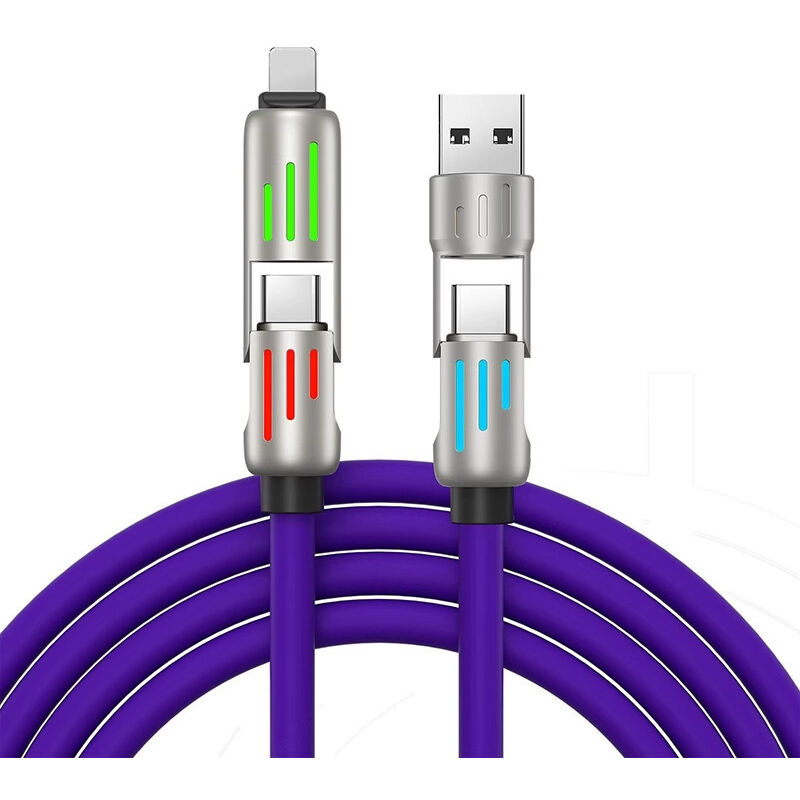 Câble Usb C Chubby 240 W, Câble De Charge 4 En 1 (2 M) Avec Lumière, Câble De Charge Usb A/c Vers C/l Pour Iphone 16, 15, 14 Pro Max/macbook/ipad Pro/samsungs24, Violet
