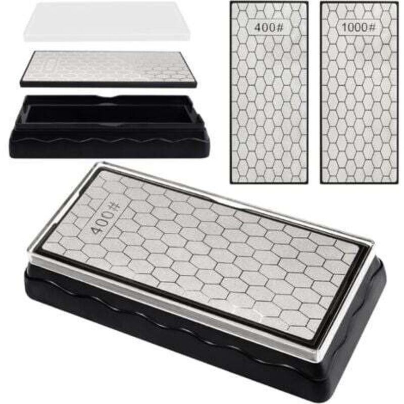 Diamant Double Face Pierre Aiguiser (grain 400/1000, 185x92x40mm ), Aiguiseur Couteaux Pierre Aiguiser D'Abeille Avec Base Antidérapante Couteaux Ciseaux Outil D'Affûtage Cuisine D'Extérieur