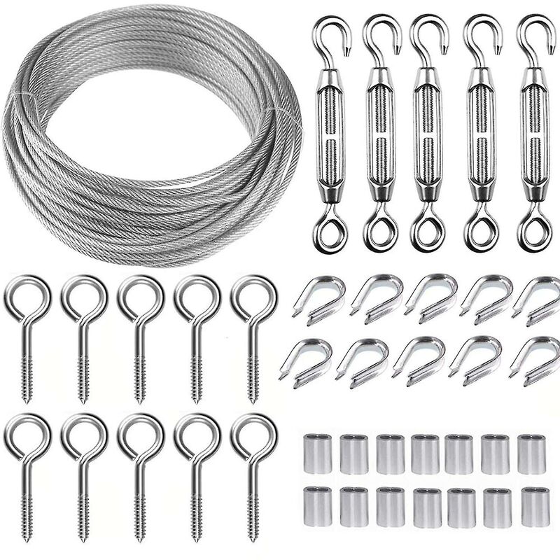 Crea 30m Stainless Steel Rope Hanging Kit, Wire Rope Kit, 2mm Coated Stainless Steel Rope, With M5 Rope Tensioner And Eye Hooks, For Climbing Plants, Raili