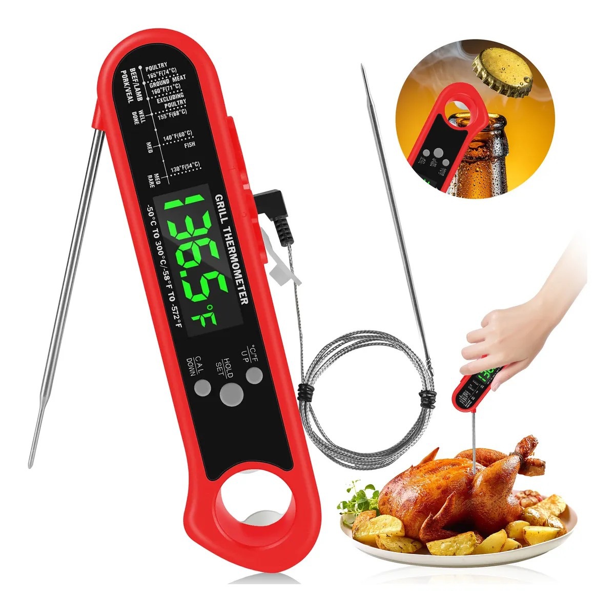 Direkt Ablesbares Fleischthermometer, Hochpräzises Zubehör Für Heißluftfritteusen, Faltbares Kochthermometer, Küchenthermometer Mit Alarmfunktion