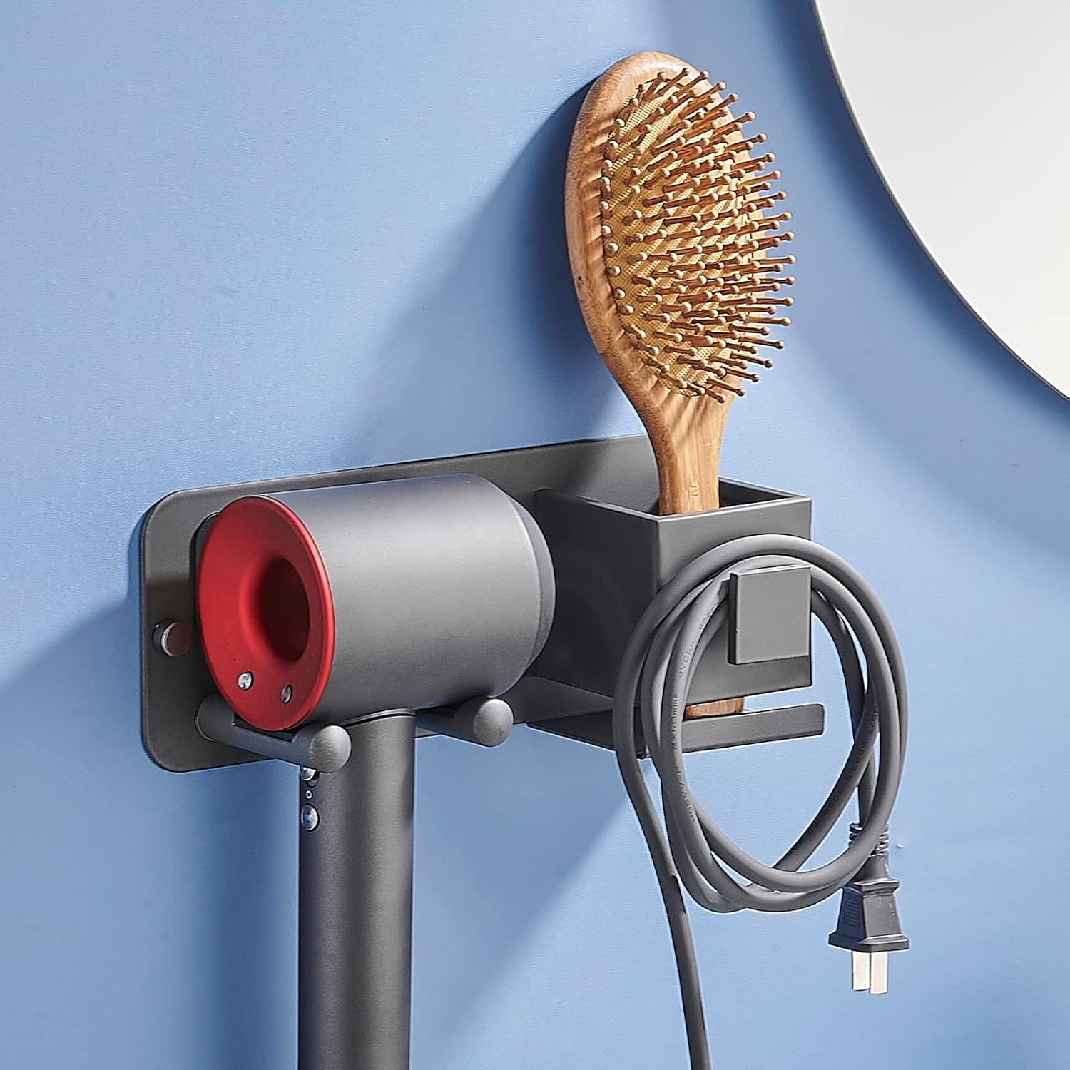 Selbstklebende Wandhalterung Für Haartrockner, Aluminium, Mit Kabelaufwicklung, Kein Bohren Erforderlich, Für Friseursalons Und Badezimmer, Grau