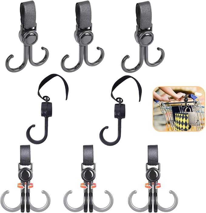 Set Mit 8 Kinderwagenhaken Mit Doppelgriffbefestigung, Reisehaken Für Kinderwagen, Rollatoren, Transportrollstühle Und Gehhilfen Für Senioren, Leicht, Kompakt Und Faltbar.